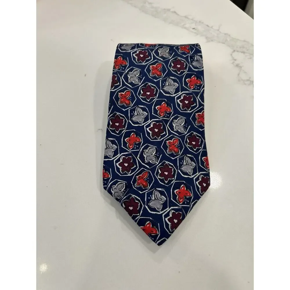 FENDI Italian Men’s Tie 3.5” Silk Navy Floral Geometric Hand Sewn Designer